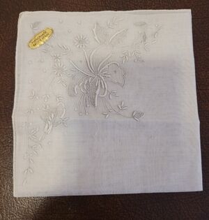 NWT Vintage Handkerchief Handmadee Silver Gray Flowers Switzerland 11"
